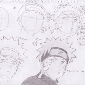 A pencil sketch page showing multiple anime character head studies and face drawings, with handwritten notes and a spiral-bound notebook margin visible at the top.