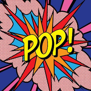 Comic-style 'POP!' explosion with colorful rays and polka dot patterns.